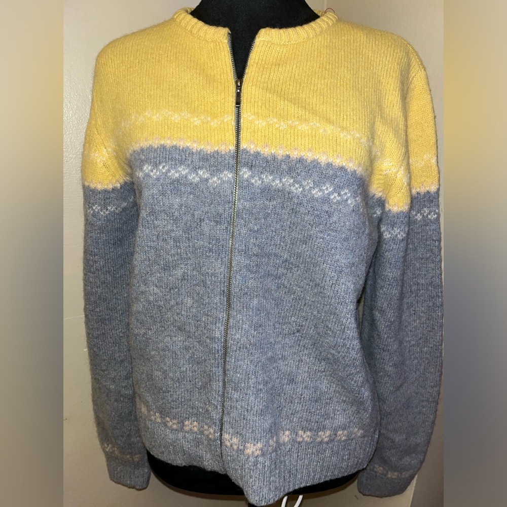 Vintage American Eagle Yellow and Gray 100% Shetland Wool Zip-Up SweaterSize S